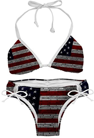 Maillot de Bain Vintage Femme 2 pièces Halter Bikini,Drapeau USA, Mur brique, modèle, Vendange