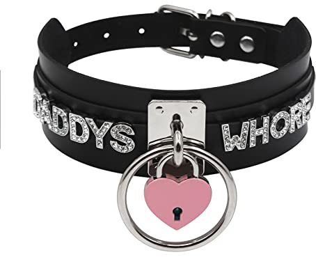 paloli Black Heart Padlock O-ring Choker Necklace for Women, Punk Gothic Letter Leather Collar Pink padlock Cosplay Jewelries (DADDY)