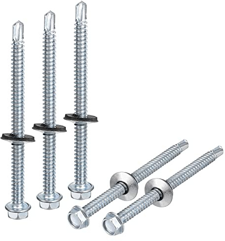 sourcing map #14 x 3-9/16 Self Drilling Screws with Rubber Washer, 100pcs Zinc Plated Steel Roofing Screws Hex Head Self Tapping Screws with EPDM Washer for Metal to Metal