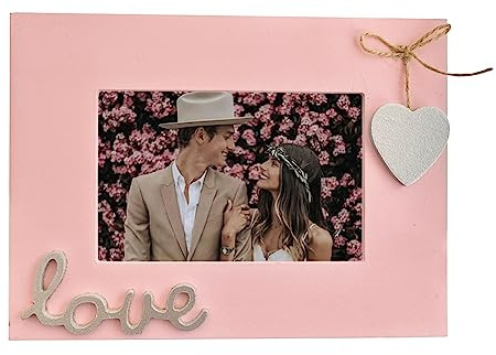 Simelecor Cadre photo rose 10,2 x 15,2 cm - Horizontal avec cœur pour dessus de table et montage mural - Cadre photo en bois rose et argenté - Verre HD à l'intérieur (rose1)