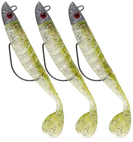 Dr.Fish 3pcs Soft Fishing Lures Jig Head with Paddle Tail Soft Plastic Lures 13CM 26g Accessories for Bass Pike Trout Perch,Color: Green Back Yellow Belly