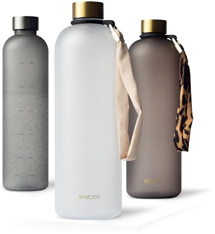 MAMEIDO Trinkflasche 1,5l Kohlensäure geeignet, auslaufsichere Water Bottle mit Zeitmarkierung, Wasserflasche BPA frei für Sport, Gym & Büro (Frosted White Gold, 1500ml)