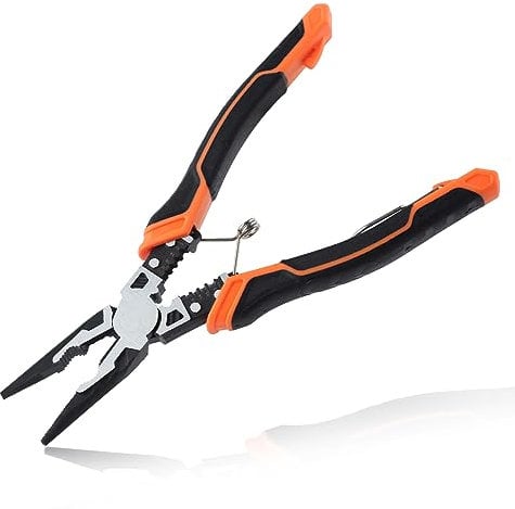 LEONTOOL 6-in-1 Long Nose Pliers, 8 High Leverage Combination Pliers with Wire Stripper/Crimper/Cutter/Winding/Spanner, Heavy Duty Needle Nose Plier Comfortable Grip with Safety Lock for Electrician
