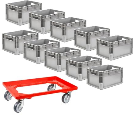 SSI Schäfer Eurobox ELB 4220 grau 40x30x22 cm, 20,4 L - gebraucht 10er Set inkl. neuem Rollwagen, Transportroller belastbar bis 300 kg, Kunststoffbehälter stapelbar, robuste Aufbewahrungsboxen