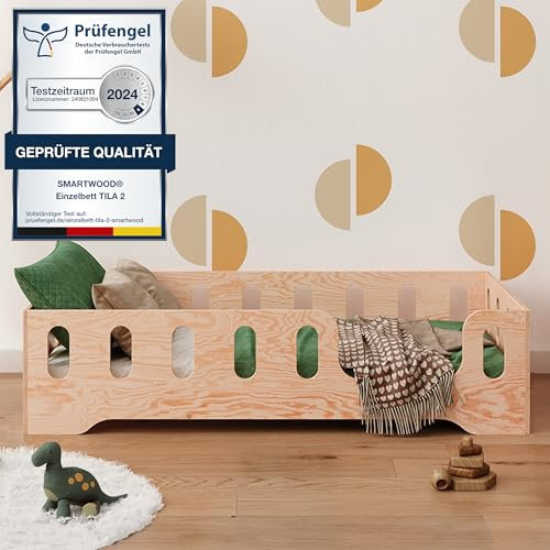 smartwood Kinderbett Bodenbett 90x180 mit Rausfallschutz & Lattenrost - Holz - Kinder Montessori Bett TILA 2P mit glatten Kanten - Betten für schnelle Montage - Bis 230 kg belastbar