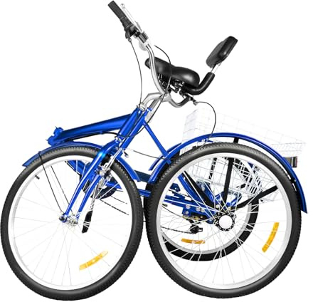 DSYOGX 7-växlad vikbar tricykel för vuxna, 61 cm, med korggåva och ryggstöd, justerbar höjd, lämplig för vuxna, äldre och nybörjare, blå