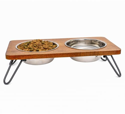 Fuzzl Premium Raised Double Diner Dog Bowl with Elegant Hardwood Stand - Ultra Clean Stainless Steel, Raised Bowl for Better Posture and Digestion - Versatile Dog Water Bowl for Hydration