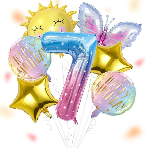 ALEGRE® Sonne Schmetterlinge Deko 7 Geburtstag Mädchen, Folienballon Schmetterling Deko Luftballon 7. Geburtstag, Geburtstagsdeko Mädchen 7 Jahre, Kindergeburtstag Deko für Schmetterling Themen Party