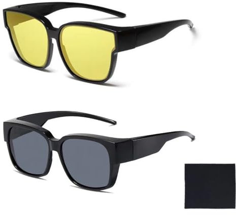 FunnAura 2PCS Wrap around Sunglasses for Men Women, Fit Over Eyeglasses 100% UV Protection with Cleaning Cloth(Balck, Yellow)