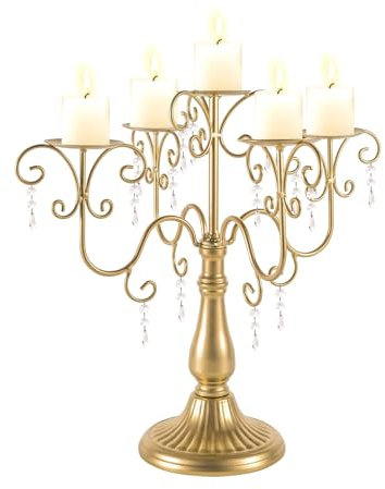 LANLONG Goldfarbener Kerzenleuchter für Tische, 5-armiger Kristall-Kandelaber für Stumpenkerzen, Metall-Kerzenhalter für Hochzeit, Tafelaufsatz, Dekoration, Party, Event, Empfang, Dekoration, 38,9 cm