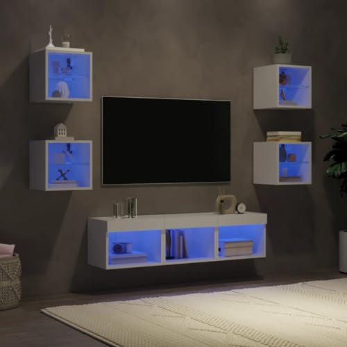 Mengtu 7 Piece TV Wall Units with LED White Engineered Wood, TV Cabinet for Living Room Home, Floating Wall Entertainment Center TV Unit Cabinet Stand Sideboard Hallway Storage