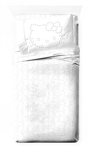 Jay Franco Bettlaken-Set mit Spannbettlaken, Bettlaken und Kissenbezug, ultraweiches Bettwäsche-Set mit Kissenbezug für Raumdekoration, Weiß, Hello Kitty, 3-teiliges Doppelbett