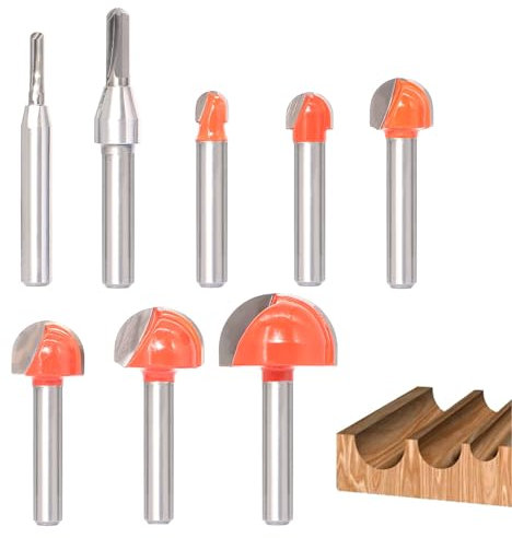Sinoprotools 8Pcs Core Box Router Bits Set 1/4 Inch Shank, Carbide Round Nose Cove Box Router Bits, Groove Router Bit, Cove Router Bit for Woodworking