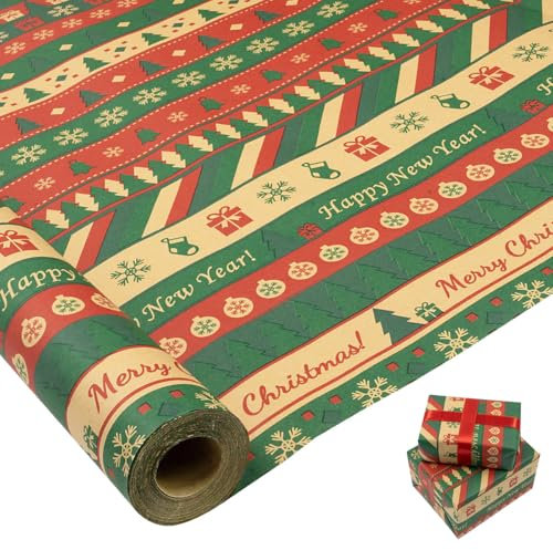 Grand rouleau de papier cadeau : 76 cm x 15 m de papier cadeau kraft recyclable de Noël imprimé avec sapin de Noël et flocon de neige pour Noël, anniversaire, mariage, festival, décorations de cadeaux