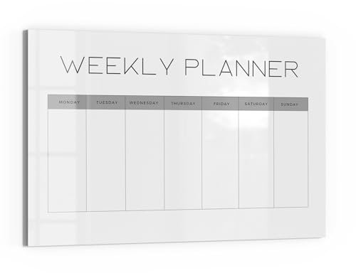 DEQORI Glas-Magnettafel | 60x40 cm cm groß | Motiv Planer V2 Weiß (EN) | Memo-Board aus Glas | Magnetboard inkl. Magnete, Stift & Tuch für Küche & Büro | Tafel magnetisch & beschreibbar