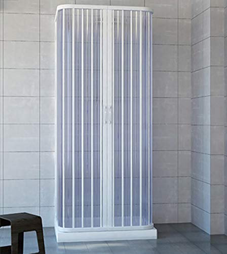 Cabine de douche 80 x 100 x 80 modèle Dora à 3 côtés réductibles double porte avec ouverture centrale à soufflet en PVC de couleur blanche, Paroi de douche