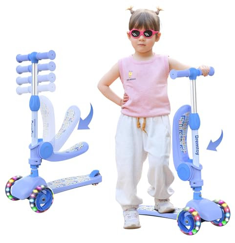 BremToy Roller Kinder ab 2 3 4 Jahre, Kinderroller mit Sitz, Scooter Kinder Mädchen Junge, Tretroller mit Leuchträdern, Höhenverstellbarer Kickscooter für Kleinkinder (Blau)