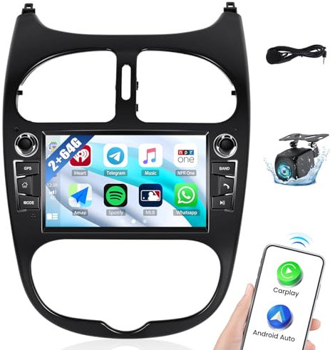2G+64G CAMECHO Android 13 Autoradio 2Din für Peugeot 206 206CC 2002-2010 mit Carplay Android Auto, 7 Zoll Touchscreen mit GPS Navi WiFi Mirror Link Bluetooth FM/RDS SWC Rückfahrkamera&MIC