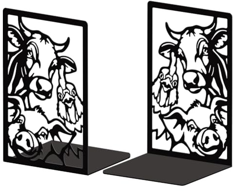 Peacoblue Lot de 2 Serre-Livres Métal Animaux De Ferme Décoratif | 5.3x4.3x7.9, Support Livres Stable, Design Original, Cale Livre, Pour Chambre, Bibliothèque, Bureau, École et Étagère