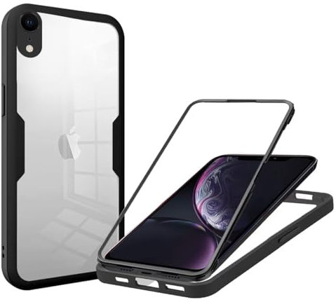 SLWYF Kompatibel mit iPhone XR Hülle Eingebauter displayschutz 360 Grad Rundumschutz Handyhülle, Militärischer Stoßfest TPU Bumper Schutzhülle Robuste Durchsichtige Kratzfest Case, Schwarz
