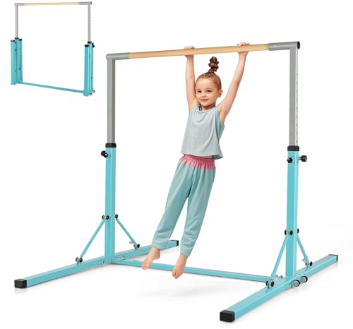GOPLUS Gymnastik Turnreck Kinder, Turnstange 13-stufig höhenverstellbar, Reckstange Reckanlage faltbar mit Rollen bis 100kg belastbar, Gymnastikstange für Mädchen Jungen ab 3
