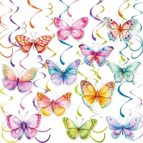 deegbbyi 12 Stück Schmetterling Hängende Wirbel, Schmetterling Deko Geburtstag, Bunte Schmetterlinge hängende Wirbel, Flattertier Deko, Geburtstagsdeko für Frühling Sommer Party, Hochzeit