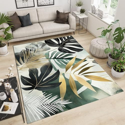 GDJSMIN Teppich Wohnzimmer90×150cm,Salbeigrün Tropische Pflanzenästhetik, Kurzflor Wohnzimmerteppich, Monstera-Blattmuster Waschbar rutschfest Carpet für Schlafzimmer