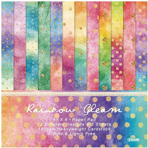 ZAKHSE Scrapbook Papier, 48 Blatt Motivpapier Regenbogen Farben Designpapier Gold Punkte Einseitig Bedruckt 15,2x15,2cm Bastelpapier Muster Dekorpapier für Bastelarbeiten Journaling Zubehör, 12 Motive