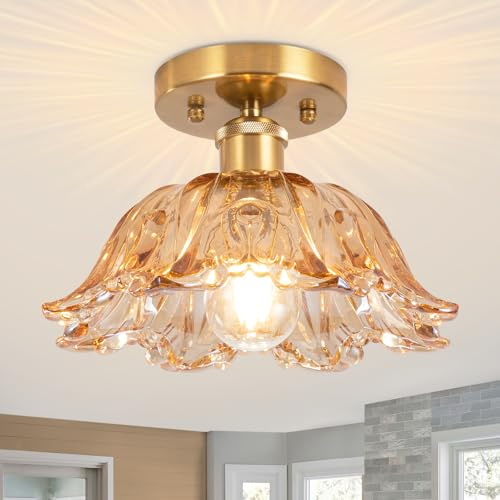Vloitgol Deckenleuchte Vintage mit lampenschirm Bernstein glas E27 26cm halbbündige Bernstein Deckenlampe Vintage blumen Glas für Schlafzimmer Flur Küche Esszimmer Wohnzimmer-Glühbirne nicht enthalten