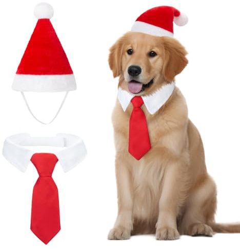 MELLIEX 2 Stück Weihnachten Hundekostüm, Hunde Katzen Weihnachtsmützen und Krawatte Weihnachtskostüm Zubehör Set für Haustier(46cm