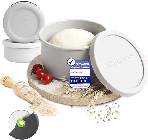 Warennowa Pizzaballenbox 2er Set + Pizzaschneider – Silikon Teigbox mit Deckel, 700ml, platzsparend, stapelbar, luftdicht, mikrowellen- & spülmaschinengeeignet, für Pizzateig & Brotteig (GRAU)