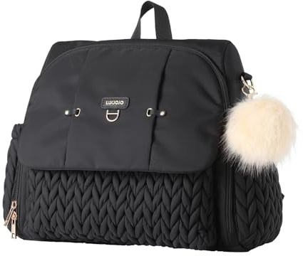 LUKJOJO Leila Wickelrucksack mit verstellbaren Schultergurten, Kinderwagen-Clips und Wickelauflage – Modebewusste & wasserdichte Wickeltasche(Schwarz)