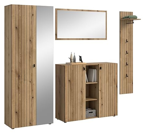 xonox.Home Ensemble de 4 pièces de Garde-Robe 237 x 192 x 37 cm en chêne Evoke – Ensemble Complet de Meubles de Garde-Robe avec Armoire, Miroir, Commode à Chaussures et Panneau