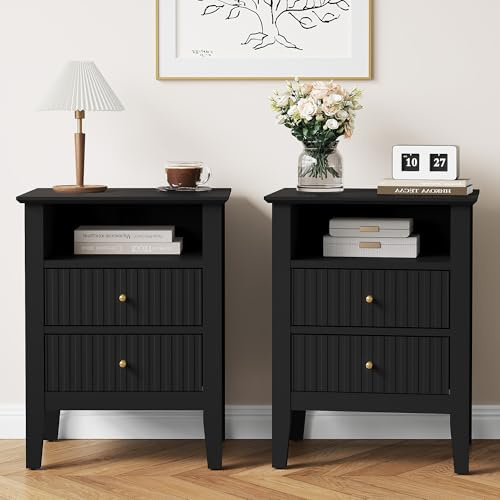 SUNVIVI Fluted Bedside Tables Set of 2, Tall Wooden Side Tables with 2 Drawers and Storage, Modern End Tables for Bedroom, Living Room and Small Spaces, Black
