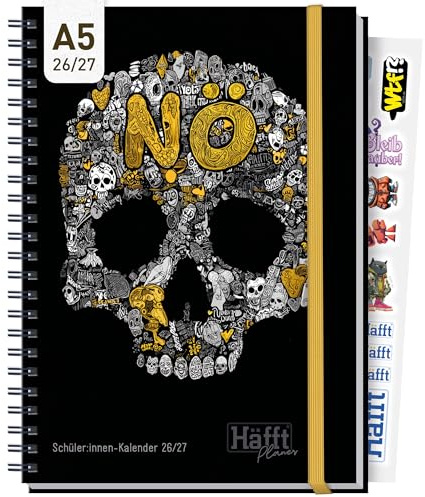 Häfft® Planer Premium 2026 2027 A5 Hardcover Schülerkalender Skull | Anti-Langeweile-Garantie - Hausaufgabenheft, Schulplaner, Schülerplaner mit Gummiband, Stickern, lustigen Sprüchen & mehr