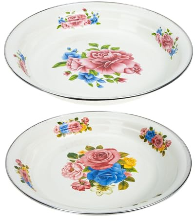 SHINEOFI Lot de 2 Assiettes Émaillées Rétro Épaisses 33 Cm en Fer, Décor Floral Rose et Pivoine, Assiettes Ménagères Multifonctions pour Maison et Restauration, Vaisselle Solide et