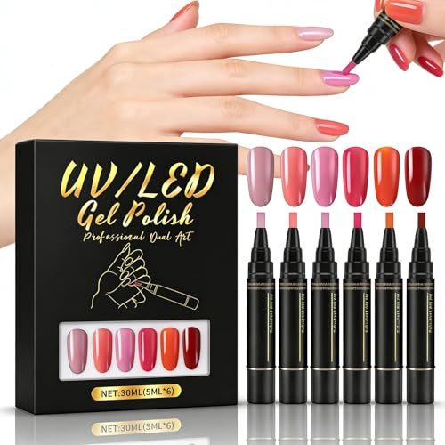 Nail Polish Pens 6PCS 3-in-1 Gel Nail Polish Pen Set No Base Coat Needed DIY Nail Art Quick Dry Long Lasting 6 Colours for Home Salon Manicure Nail Art Design