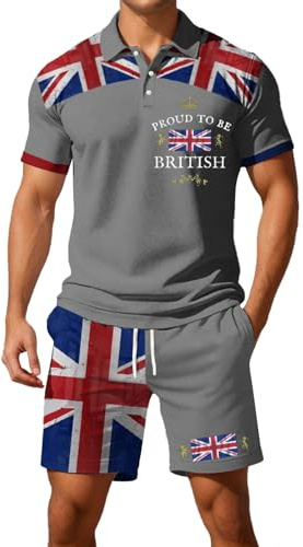 Mens Union Jack Shorts and T Shirts Sets Cotton Pyjamas 3xl 4xl Button Down Collared Short Sleeve Golf Polo Shirts Bunting Flags Print Great Britain 2 Piece Ve Day Outfits Activewear Gym Tracksuits xs