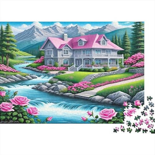 Puzzle Villa mit Rosa Dach 1000 Teile 70x50cm Recyclingpapier für Männer Frauen Rosenbach lustig herausfordernd Familienspiel zum Zeitvertreib als Besuchergeschenk