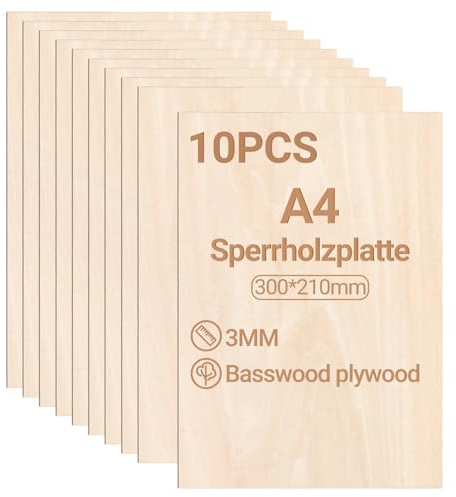 Peviasot Sperrholzplatte 3mm 300x210mm 10 Stück Linde holzplatte Zuschnitt Nach Bastelhölzer Holz für Modellbau Laserschnit Laser Gravur Holz Brennen Malerei DIY Ölmalerei