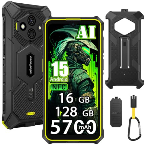 Rugking 3 Pro Outdoor Handy ohne Vertrag, 16GB+128GB/2TB Outdoor Smartphone Android 15, 48MP+8MP, 6.56 HD+ 120Hz, 5700mAh Baustellenhandy, IP68/IP69K Wasserdicht Handy, 4G/WiFi/NFC/OTG/GPS/FM,Grün