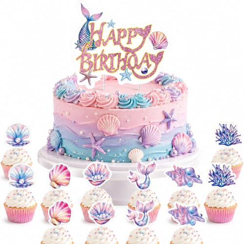 Tourima 1 Happy Birthday Cake Topper & 12 Meerjungfrau Tortendeko Geburtstag, Meerjungfrau Geburtstag Deko, Meerjungfrauenflosse Mädchen Kuchen Deko, Meerjungfrau Flosse Tortenaufleger Personalisiert