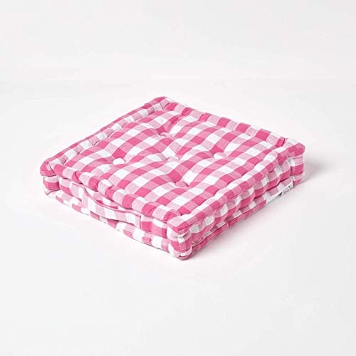 Homescapes Sitzkissen 50 x 50 cm, pink-weiß Kariertes Bodenkissen Gingham, extra Dickes Stuhlkissen mit Karo-Muster, Sitzpolster aus 100% Baumwolle mit Polyester-Füllung, Sitzerhöhung, 10 cm hoch