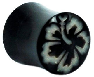 Chic-Net Horn Plug schwarz Bone Inlay Hawaii Blume Tribal Ohrhänger Plug Organic Piercing Expander Ohrstecker 14 mm