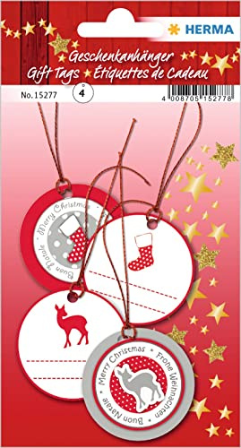 HERMA 15277 Geschenkanhänger Weihnachten zum Beschriften Glitzer Rot Weiß rund, 4 Stück, Weihnachtsanhänger mit Weihnachtsmotiv, Kinder Hängeetiketten für Geschenke Weihnachtsdeko Dekoration DIY