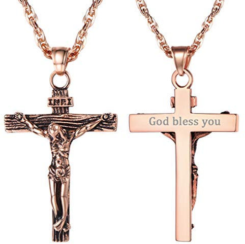 PROSTEEL Herren Personalisierte Halskette mit Kreuz Anhänger Rosegold vergoldet Name Gravur Collier Kruzifix Männer Jungen ModeSchmuck Accessoire für Weihnachten Geburtstag