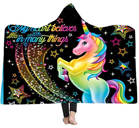 Decke Mit Kapuze Regenbogen Einhorn, Erwachsene Kinder kapuzendecke Niedlich Sofa Decke Sherpa Decke TV-Decke Microfaser Tagesdecke,Decke für Sofa Bett (S 130x150 CM)