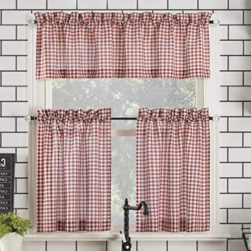 Parkham Farmhouse Plaid Semi-Sheer Gardinenstange Gardine Küchenvorhang Volant Nr.918 54 x 24 3-Piece Set rot/weiß