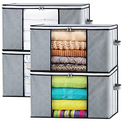 GoMaihe Cajas Almacenaje Ropa 4 Piezas, Contenedor para Debajo de la Cama no Tejido de Gran Capacidad, 60x40x35cm Bolsa de Deporte con Cadena con Lengüeta, Edredón, Manta, Gris