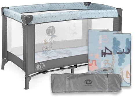 Innovaciones MS - Lettino da viaggio 120 x 60 cm, per bebè, incluso materasso e borsa per il trasporto, da 0 + mesi fino a 15 kg, facile da piegare e da montare, leggero e stabile - blu/grigio
